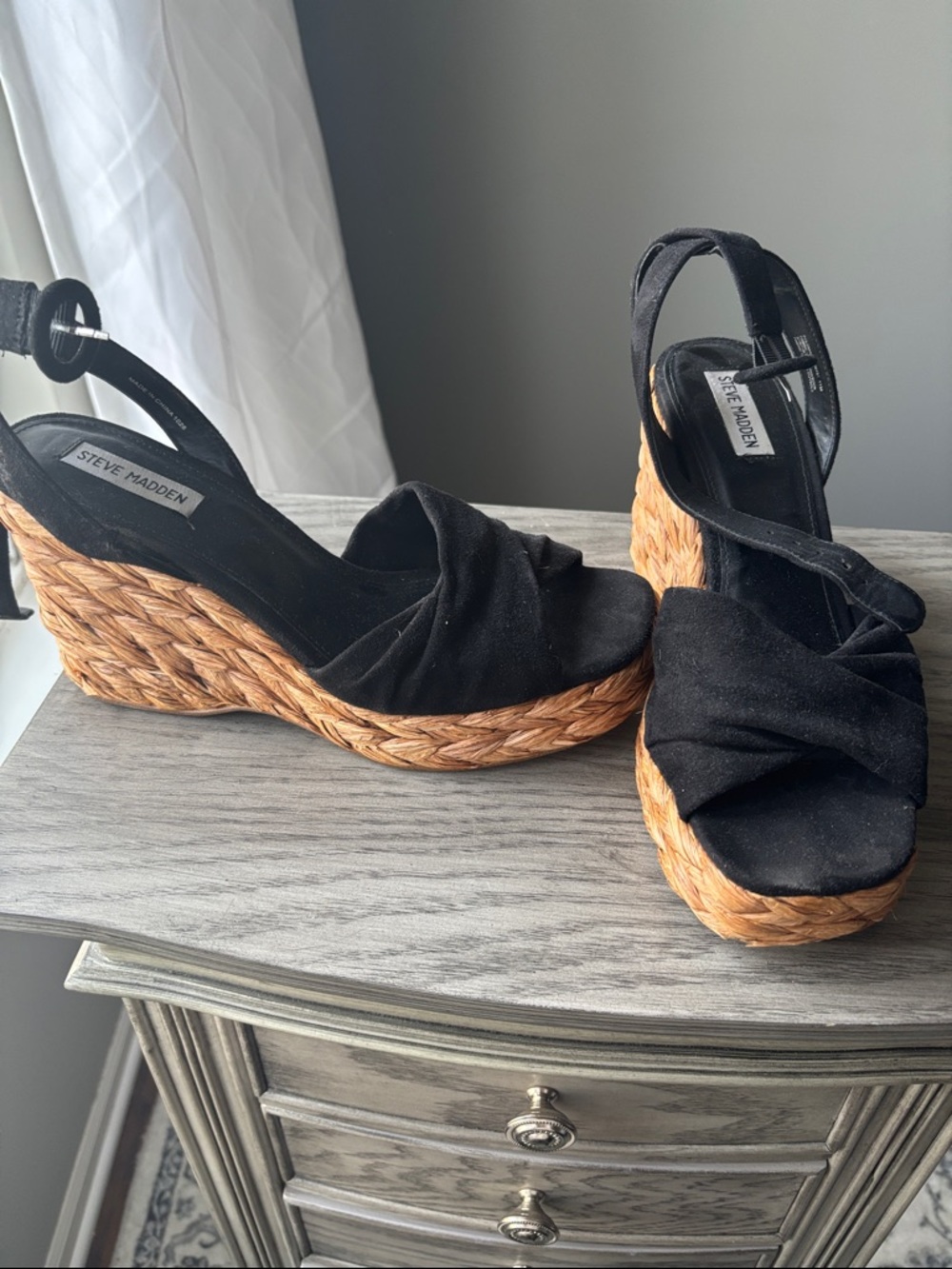Steve Madden Black Wedge Sandals with Braided Raffia Platform